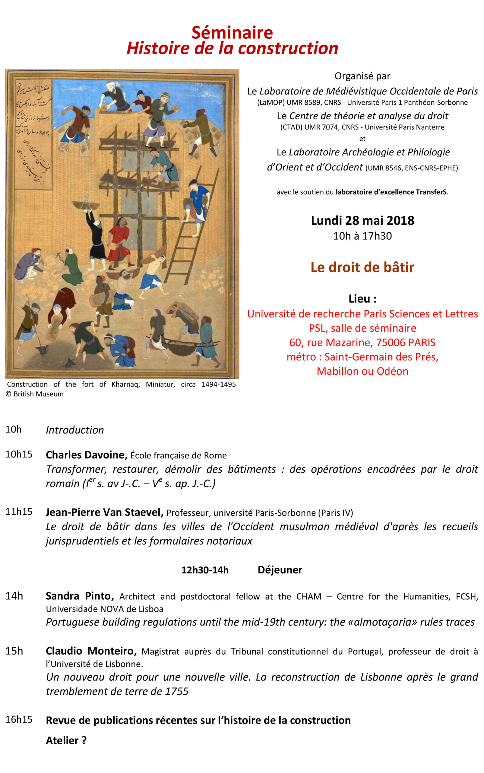Séminaire histoire de la construction lundi 28 mai 2018