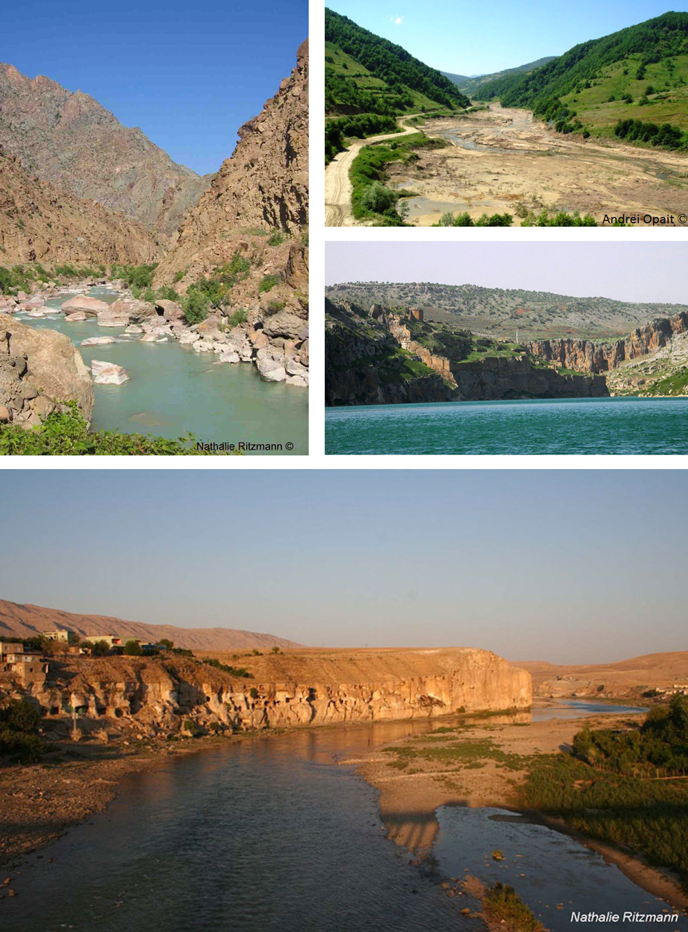 De haut en bas et de droite à gauche :Le Çoruh, au nord d'Erzurum ; Le Kızılırmak (antique Halys) près de Sinope ; Rumkale sur l’Euphrate ; Le Tigre à l’est du pont de Hasankeyf.