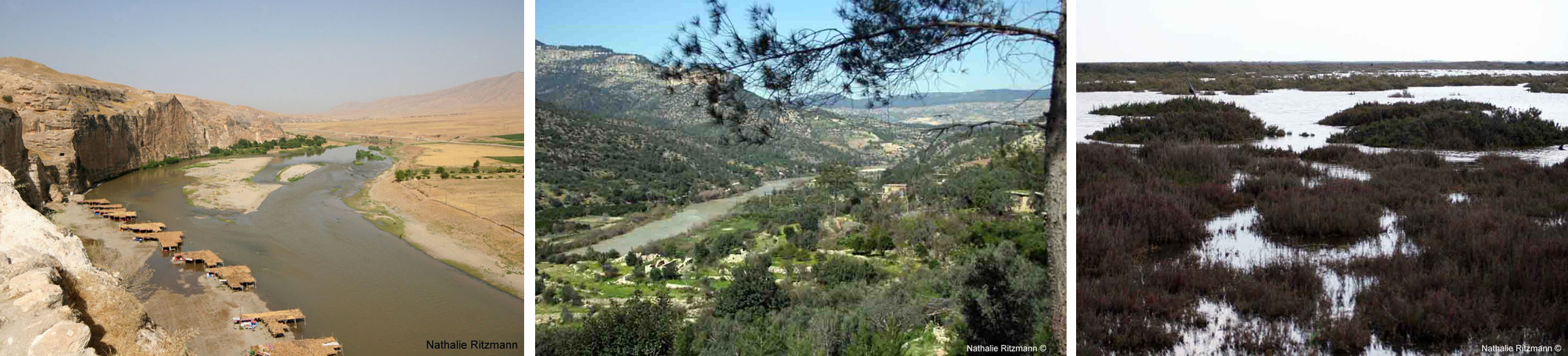De gauche à droite : les paillotes d'Hasankeyf, sur le Tigre ; Le Göksu (antique Kalykadnos) ; Le delta du Göksu (antique Kalykadnos).