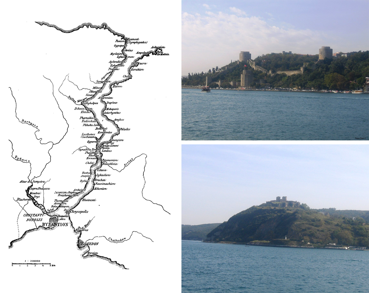 À gauche : la toponymie antique du Bosphore (E. Oberhummer, « Bosporus 1 », RE 5, 1897, col. 741-757, d'après Denys de Byzance et Pierre Gilles). À droite : photos ©A. Dan.